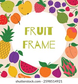 Summer frame with fruits and berries. Summer juicy background. Modern trendy design for card, cover, poster and more.