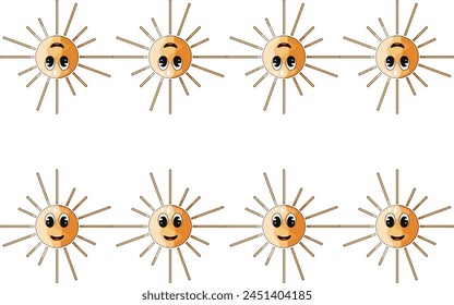 Marco de verano con personaje Funky Sun fondo blanco aislado con campo en blanco. Borde solar de dibujos animados con Espacio para texto. Ilustración vectorial plana Y2K. Trazo editable. EPS 10