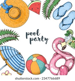Summer frame. Hand drawn vector illustration. Hand drawing elements. Summer sketch collection. Hand drawn inflatable flamingo, flip flops, palm leaves, inflatable ball, cocktail, watermelon