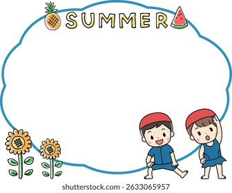 Illustration cadre d'été avec des enfants en maillot de bain et des bulles de parole