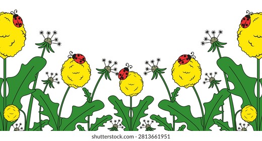 Summer Frame isolated transparent background. Summer flowers Frame from dandelion ladybug and blowball flower template design. Vector illustration Editable stroke EPS 10