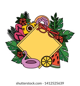 summer frame with leafs plants and set icons