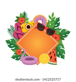 summer frame with leafs plants and set icons