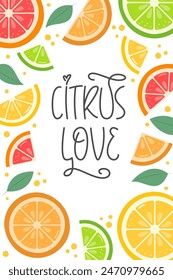 Marco de verano con limón, naranja, pomelo, rodajas de lima y hojas. Fondo De Fruta Colorido Lindo. Plantilla de Vector con la frase escrita a mano Citrus Love.