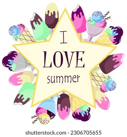 Summer frame made from various ice creams with a text box inside a big yellow star. Food vector illustration isolated on white background.