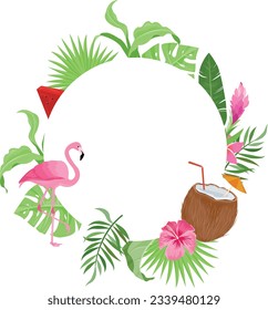 summer frame with ornate, tropical leaves, palm fronds, coconuts, hibiscus flowers and flamingo birds