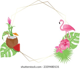 summer frame with ornate, tropical leaves, palm fronds, coconuts, hibiscus flowers and flamingo birds
