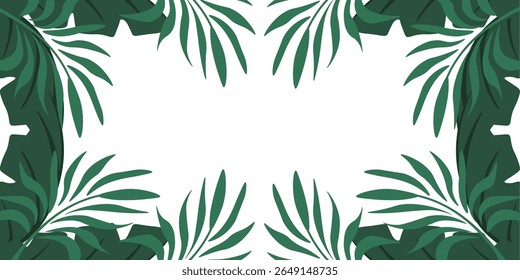 Summer Frame. Palm Leaves Frame template design. Vector illustration of Palm tree Leaves Frame isolated transparent background. Pefect Summer sale banner card postcard cover. EPS 10