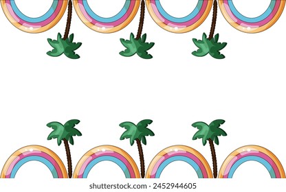 Marco de verano con palmera y colorido arco iris aislado fondo blanco con Espacio para texto. Diseño de borde con arco iris plano y planta de verano. Estética de Vector infantil. Trazo editable. EPS 10