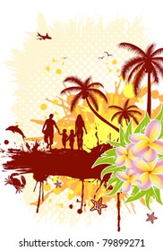 Summer frame with palm tree, dolphin, crab, family, vector illustration
