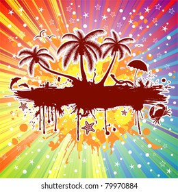 Summer frame with palm tree, dolphin, crab, on colorful background, vector illustration