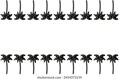 Summer Frame from palm tree in trend Woodcut Cordel style. Tropical plant Border isolated white background. Brutal Nature Frame. Vector can used tourism travel banner template. Editable stroke. EPS 10