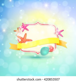 Summer frame with place for text. Summer vector background with ribbon, starfishes and shells