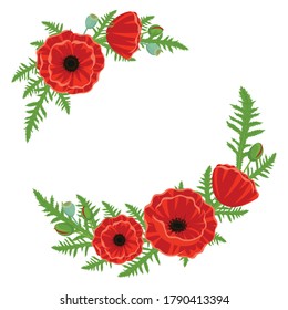 summer frame with red poppy flower isolated on white background, green stems and leaf, vector illustration