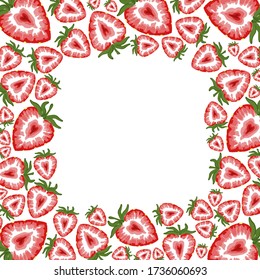 Summer frame with red strawberry and green leaves. Vector illustration.