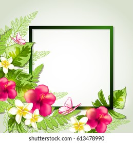 Summer frame with red tropical flowers, butterflies and leaves. Vector illustration.