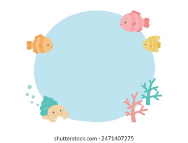 Summer frame of sea creatures, cute fish, hermit crabs and coral 01