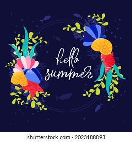 Summer frame with sea shells, corals and starfish. Flat design style. 
