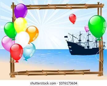 Summer frame with ship and balloons