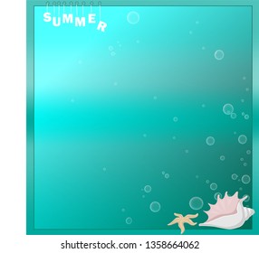 summer frame with starfish and shell underwater