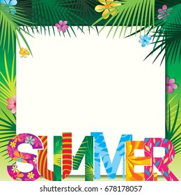 Summer frame template design with pattern of typography and palm leaf, flowers on green natural background.