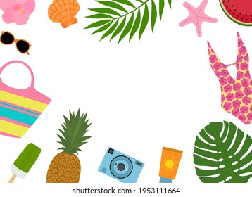 Summer frame travel postcard vector illustration. Beachwear sunglasses camera starfish shells tropical leaves and fruits	