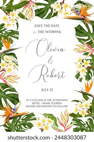 Marco de verano con flores tropicales y hojas para invitación, Anuncio, tarjeta de felicitación. Boda tropical con flores heliconias, plumeria, strelitzia, hojas de monstera y follaje variegado. Vector.