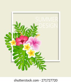 Summer frame with tropical flowers, vector illustration.