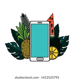 summer frame with tropical fruits and smartphone