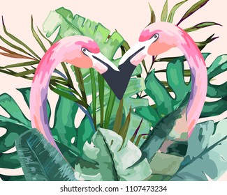 Summer frame with tropical jungle leaves and pink flamingo.Vector aloha illustration. Watercolor style. Watercolour print
