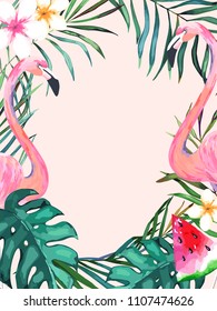 Summer frame with tropical jungle leaves and pink flamingo.Vector aloha illustration. Watercolor style