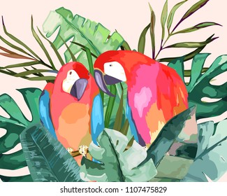 Summer frame with tropical jungle leaves and parrot.Vector aloha illustration. Watercolor style