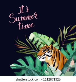 Summer frame with tropical jungle leaves and tiger. Vector aloha illustration. Watercolor style