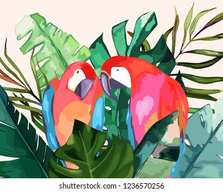 Summer frame with tropical jungle leaves and parrot.Vector aloha illustration. Watercolor style