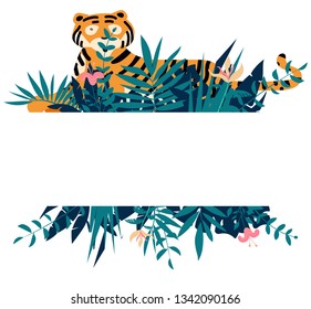Summer frame with tropical jungle leaves, flowers and tiger.Vector illustration.