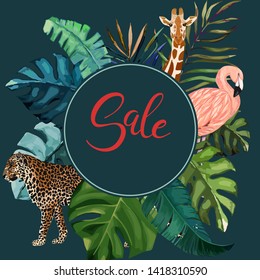 Summer frame with tropical jungle leaves, leopard, giraffe and flamingo.Vector aloha illustration. Watercolor style