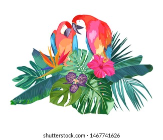 Summer frame with tropical jungle leaves, hibiscus, orchids and parrot.Vector aloha illustration. 