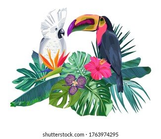 Summer frame with tropical jungle leaves, hibiscus, orchids and parrot. Vector jungle illustration. 