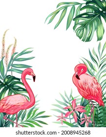 Summer frame with tropical jungle leaves and pink flamingo.Vector aloha illustration. Watercolor style. 
Perfect print for notebook cover or book and poster.