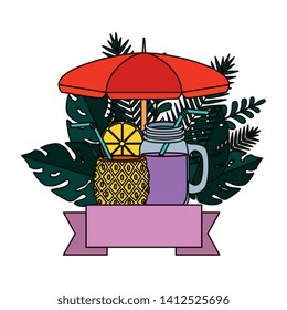 summer frame with tropical leafs and cocktails