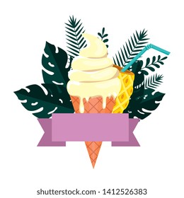 summer frame with tropical leafs and ice cream