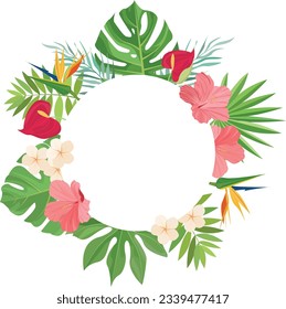 summer frame with tropical leaves, palm leaves, hibiscus, frangipani, Heliconians and Anthurium flowers