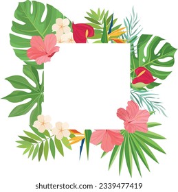 summer frame with tropical leaves, palm leaves, hibiscus, frangipani, Heliconians and Anthurium flowers