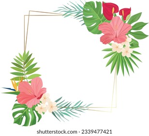 summer frame with tropical leaves, palm leaves, hibiscus, frangipani, Heliconians and Anthurium flowers