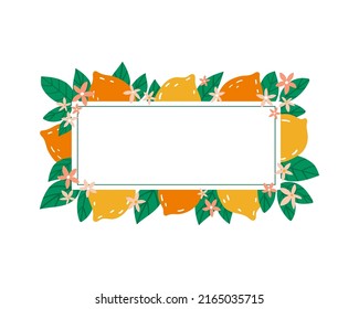 Summer frame with tropical lemon fruits. flowers and leaves. Vector template illustration in doodle style for sales banner, cards or printing on any surface