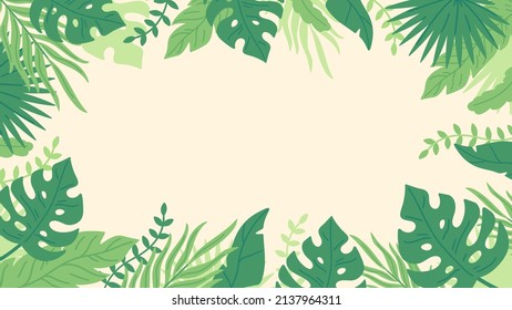 Summer frame with tropical palm leaves, green jungle foliage border. Sale promotion banner, greeting card template, summertime vector background