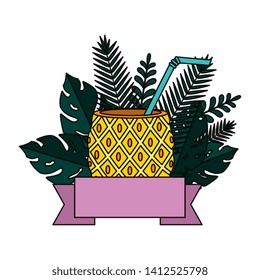 summer frame with tropical pineapple cocktail and leafs plants