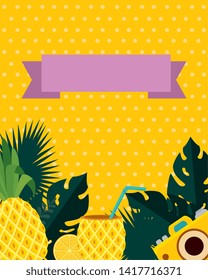 summer frame with tropical pineapple cocktail and camera