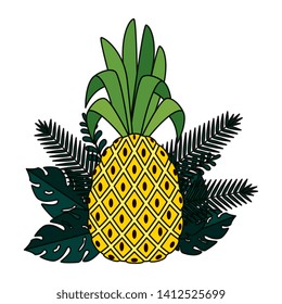 summer frame with tropical pineapple and leafs plants