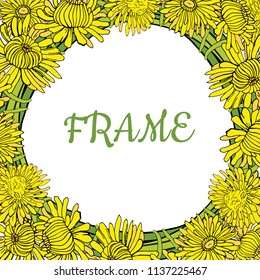 Summer frame with yellow dandelions on white background. Vector. Illustration